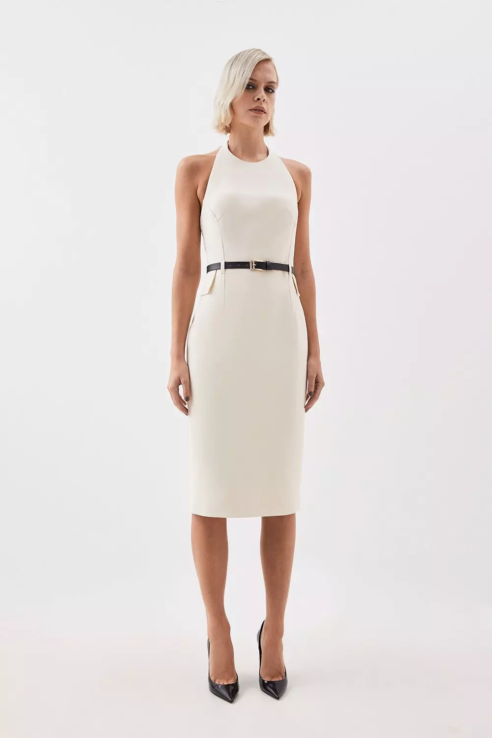 The Founder Compact Stretch Halter Neck Belted Midi Dress Karen Millen