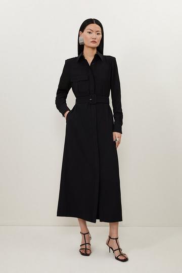Tailored Crepe Pocket Detail Belted Midi Shirt Dress black
