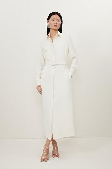 Ivory White Tailored Crepe Pocket Detail Belted Midi Shirt Dress