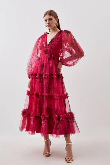 Multi Petite Floral Tulle Plunge Woven Maxi Dress