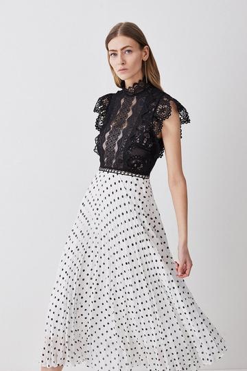 Tall Guipure Lace Dot Pleated Skirt Midi Dress mono