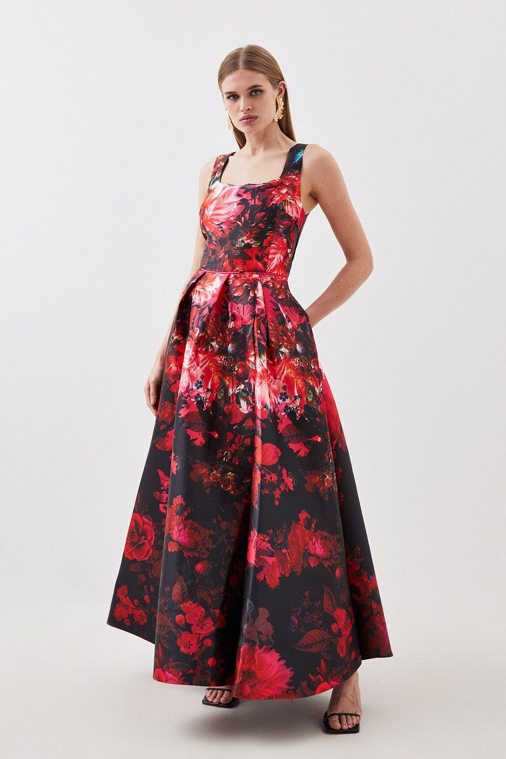 Tall Floral Print Satin Twill Woven Strappy Maxi Prom Dress Karen