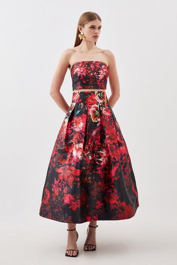 Multi Floral Printed Satin Twill Woven Maxi Prom Skirt