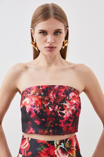 Floral Print Satin Twill Woven Bandeau Top floral