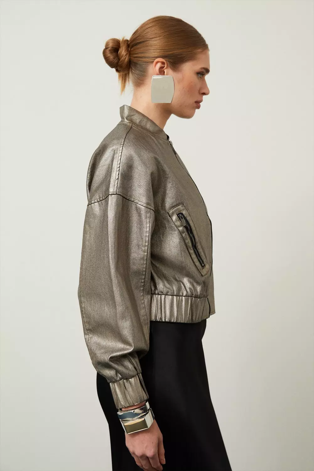 Metallic Cropped Break Line Bomber Jacket - Silver Metallic