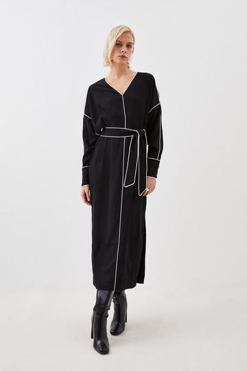 Petite Mono Satin Woven Crepe Contrast Piping Maxi Dress black