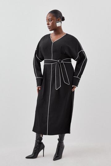 Black Plus Size Mono Satin Woven Crepe Contrast Piping Maxi Dress