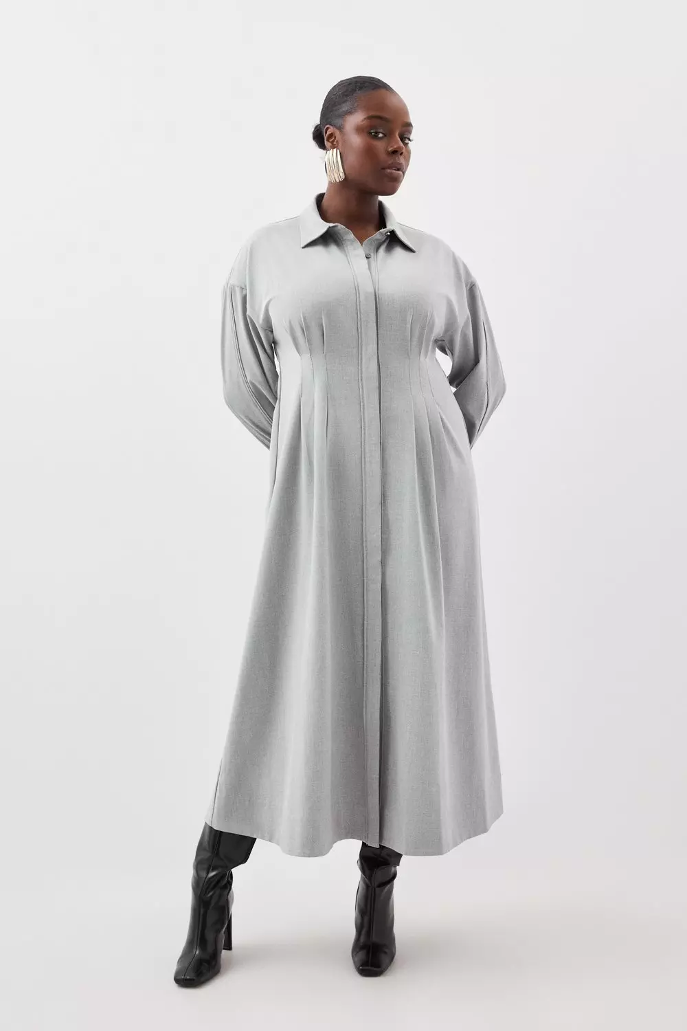 Plus Size Grey Marl Wool Mix Shirt Midi Dress