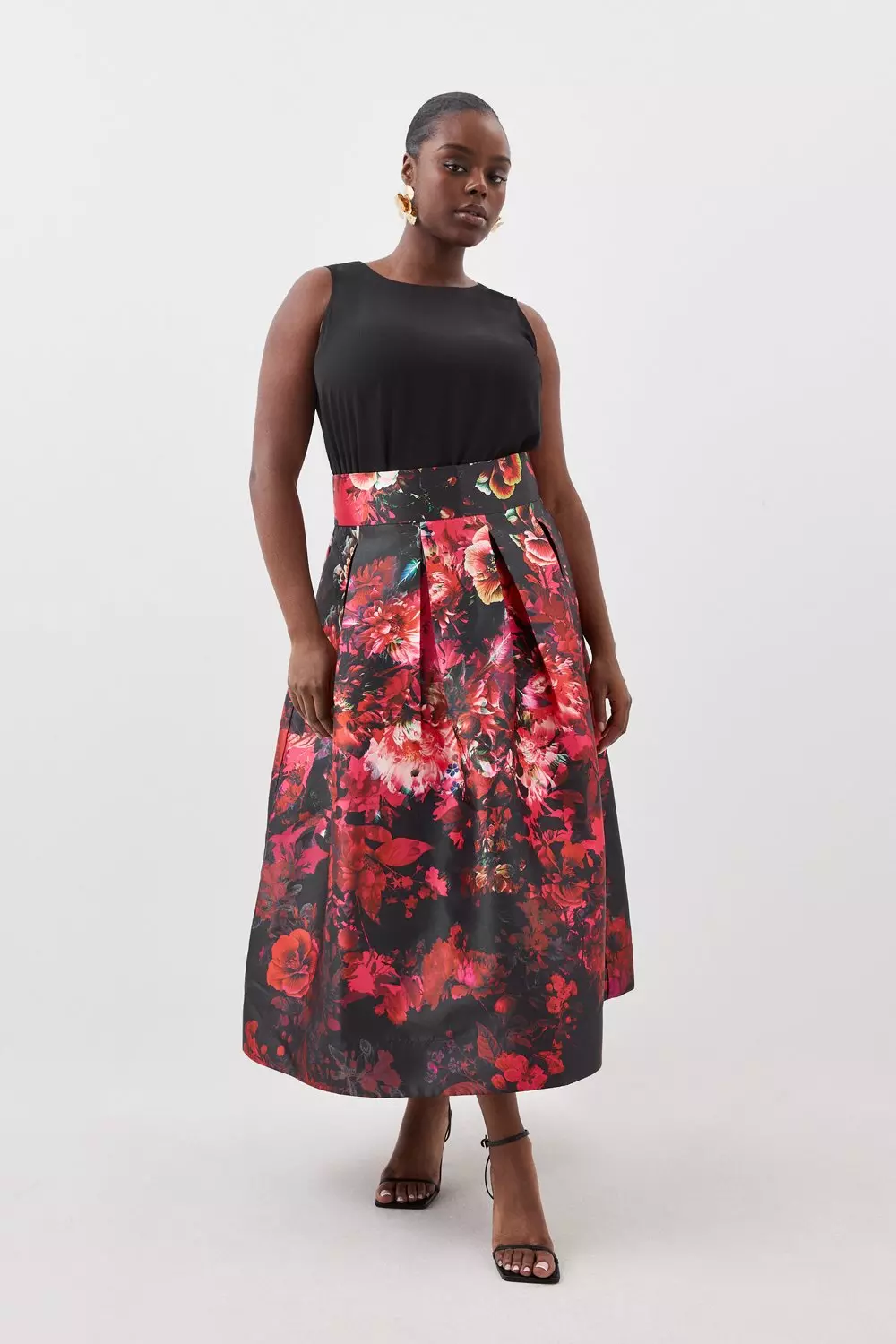 Plus Size Floral Printed Satin Twill Woven Maxi Prom Skirt Karen