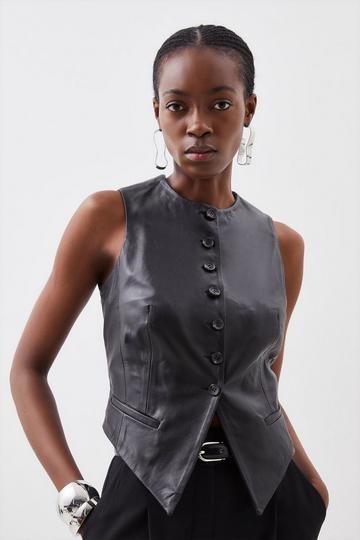 Leather Tailored Button Waistcoat black
