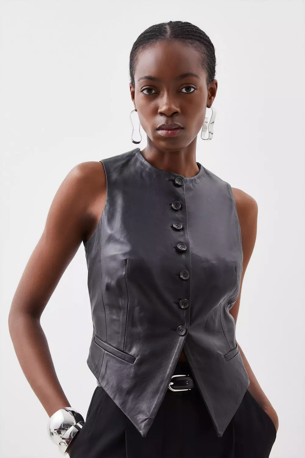 Leather Tailored Button Vest | Karen Millen