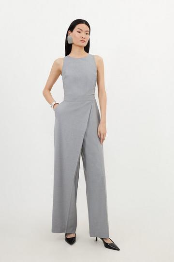 Tailored Wool Blend Wide Leg Wrap Detail Jumpsuit grey