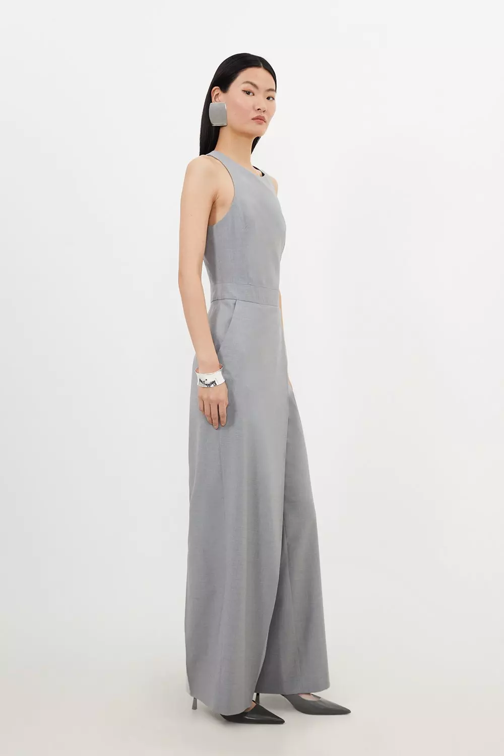 Tailored Wool Blend Wide Leg Wrap Detail Jumpsuit | Karen Millen