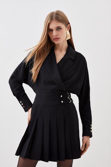 Black Tailored Crepe Pleated Skirt Wrap Mini Shirt Dress