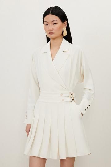 Ivory White Tailored Crepe Pleated Skirt Wrap Mini Shirt Dress