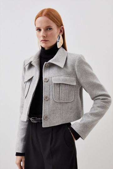 Grey Tailored Wool Blend Pocket Detail Cropped Jacket