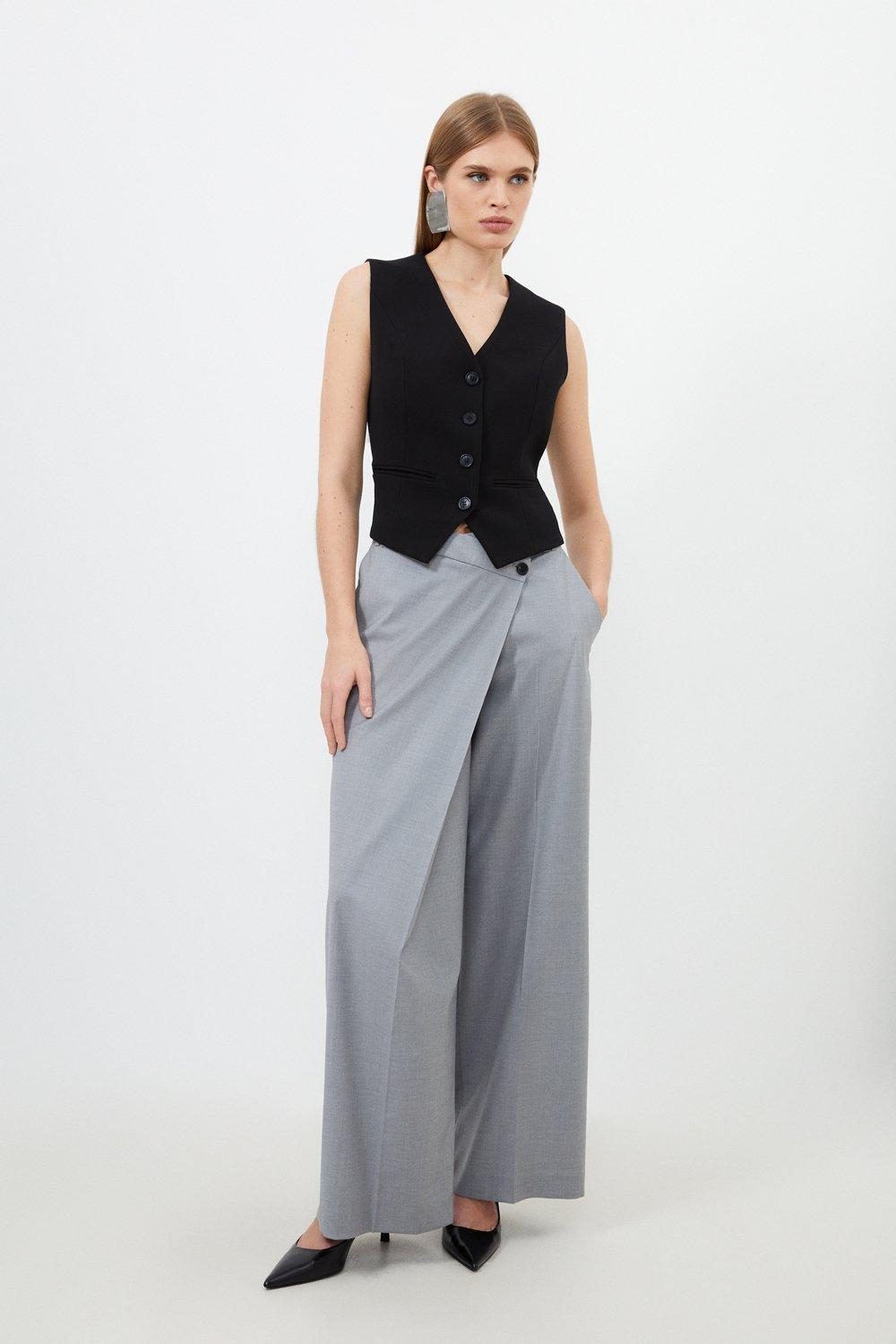 High Rise Wool Like Wide Leg Tailored Pants