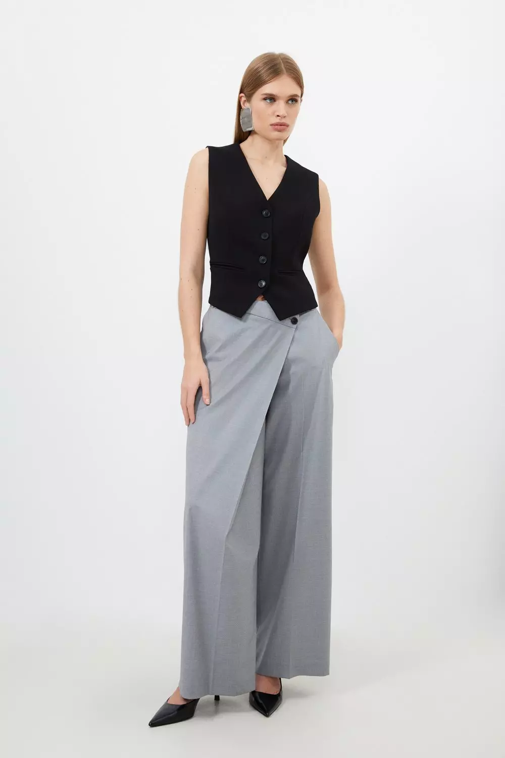 Tailored Wool Blend Wrap Detail Wide Leg Trousers