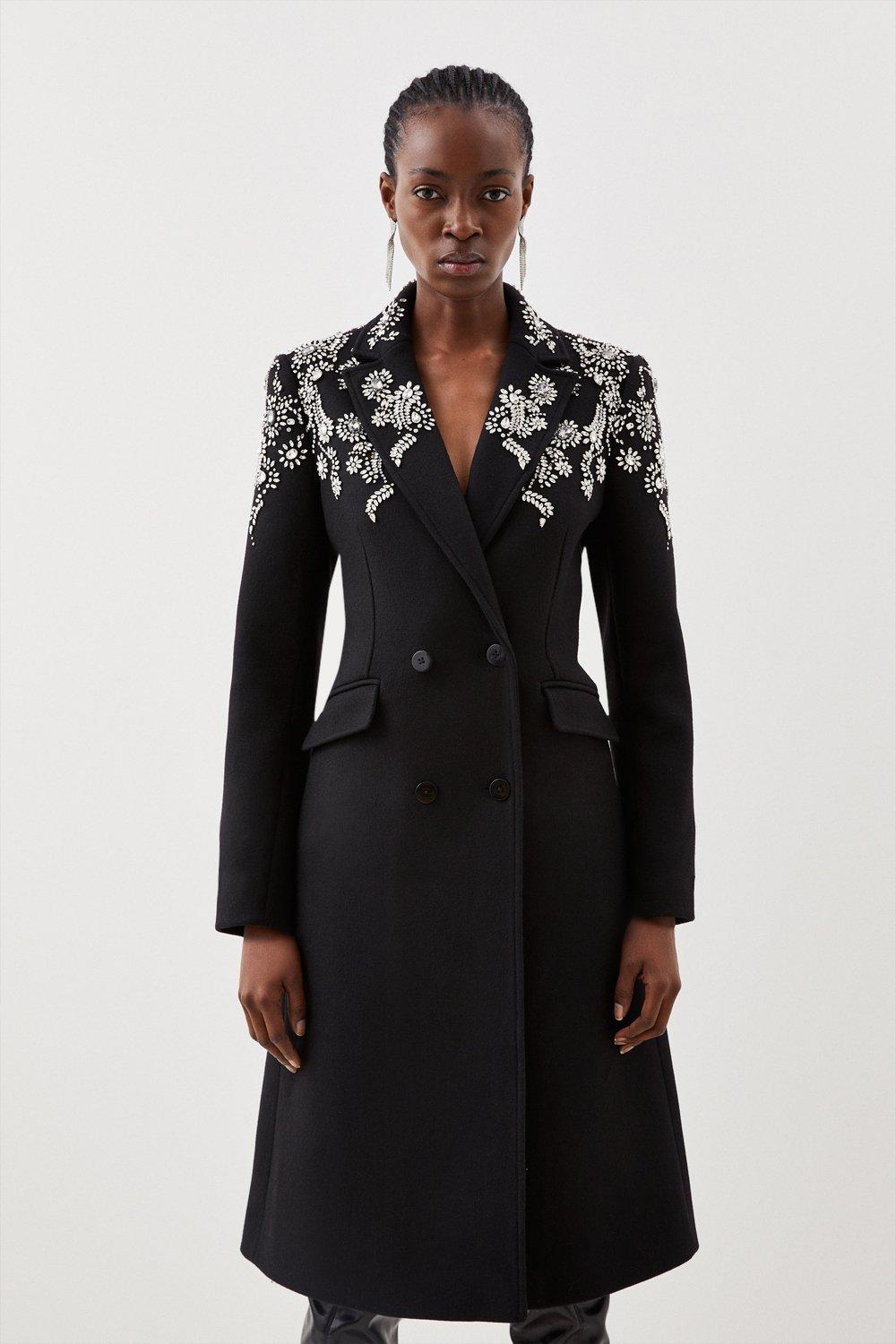 Petite Wool Blend Embellished Double Breasted Midi Coat – Black