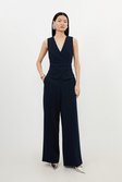 Navy Tailored Wide Leg Trousers 