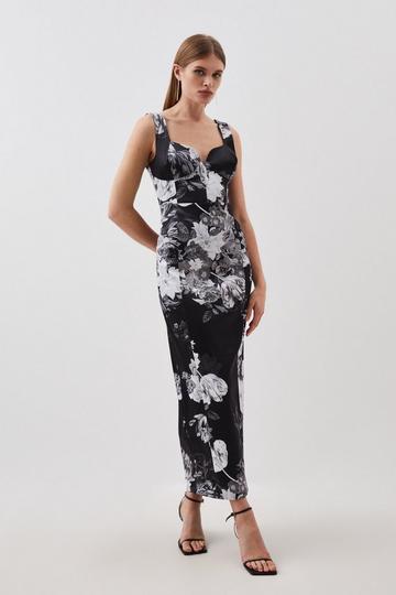 Italian Structured Satin Floral Bloom Printed Pencil Dress mono