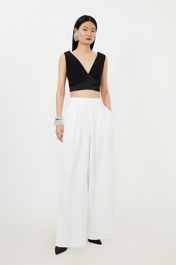 Tailored Premium Crepe Pleat Detail Wide Leg Trousers ivory