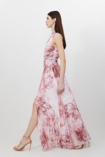 Pink Abstract Floral Crystal Embellished Woven Split Maxi Dress