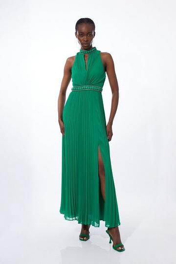 Green Halter Diamante Enamel Trim Woven Pleated Split Maxi Dress