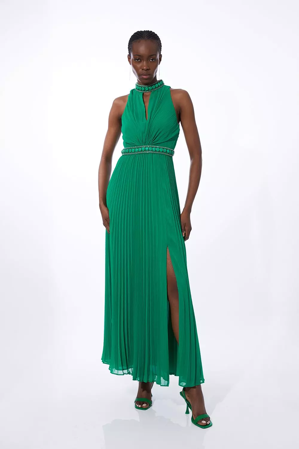 Halter Diamante Enamel Trim Woven Pleated Split Maxi Dress