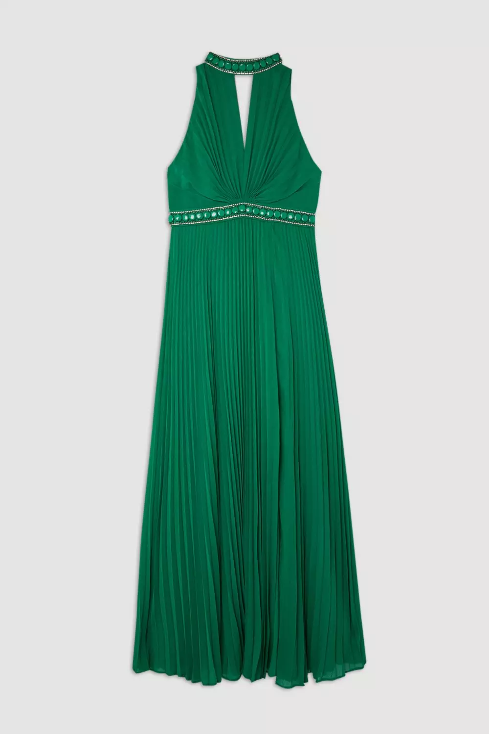 Halter Diamante Enamel Trim Woven Pleated Split Maxi Dress Karen Millen