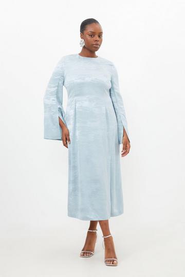 Blue Plus Size Jacquard Woven Cut Out Back Midi Dress