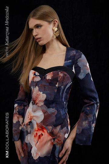 Multi Contrast Satin Floral Long Sleeve Woven Midi Dress