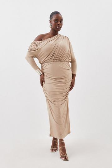 Plus Size Drapey Crepe Jersey Asymmetrical Midaxi Dress sand