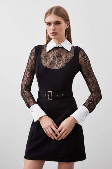 Lace Ponte Cotton Mix Jersey Mini Dress black