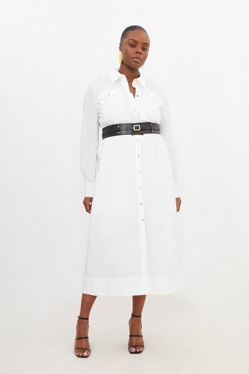 White Plus Size Cotton Poplin Pu Belted Midaxi Woven Shirt Dress
