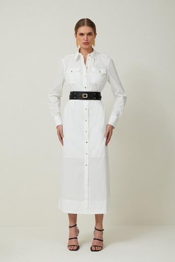 White Cotton Poplin Pu Belted Midaxi Woven Shirt Dress