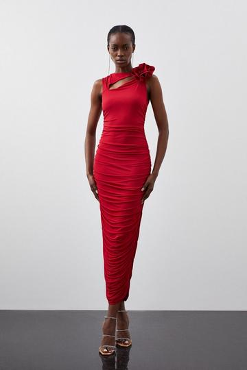 Red Drapey Ruched Jersey Rosette Maxi Dress