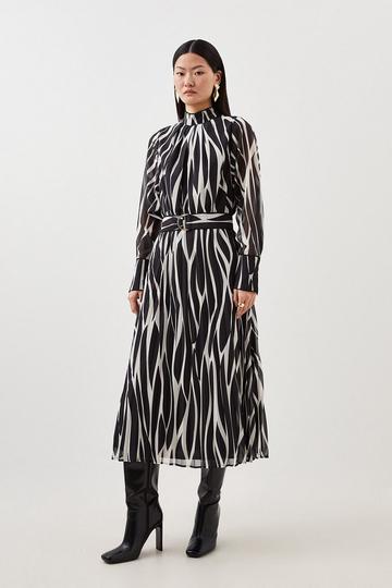 Abstract Print Pleated Georgette Woven Midi Dress mono