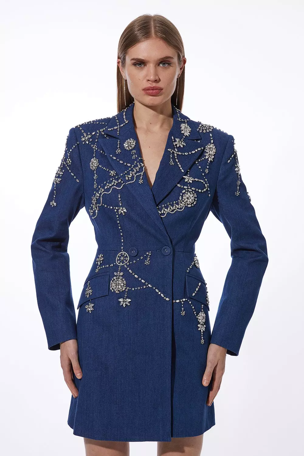 Premium Crystal Embellished Denim Blazer Dress Karen Millen