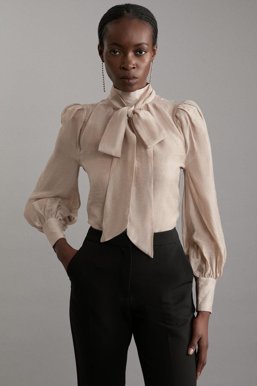Organdie Woven Pussybow Blouse - Champagne