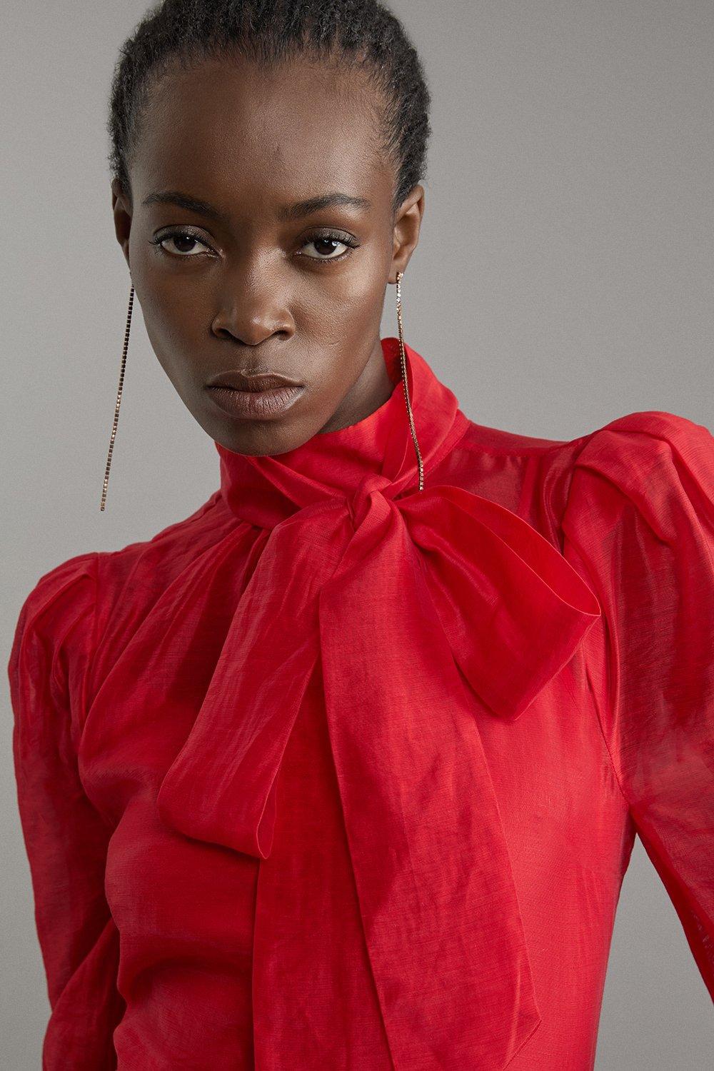 Organdie Woven Pussybow Blouse - Red
