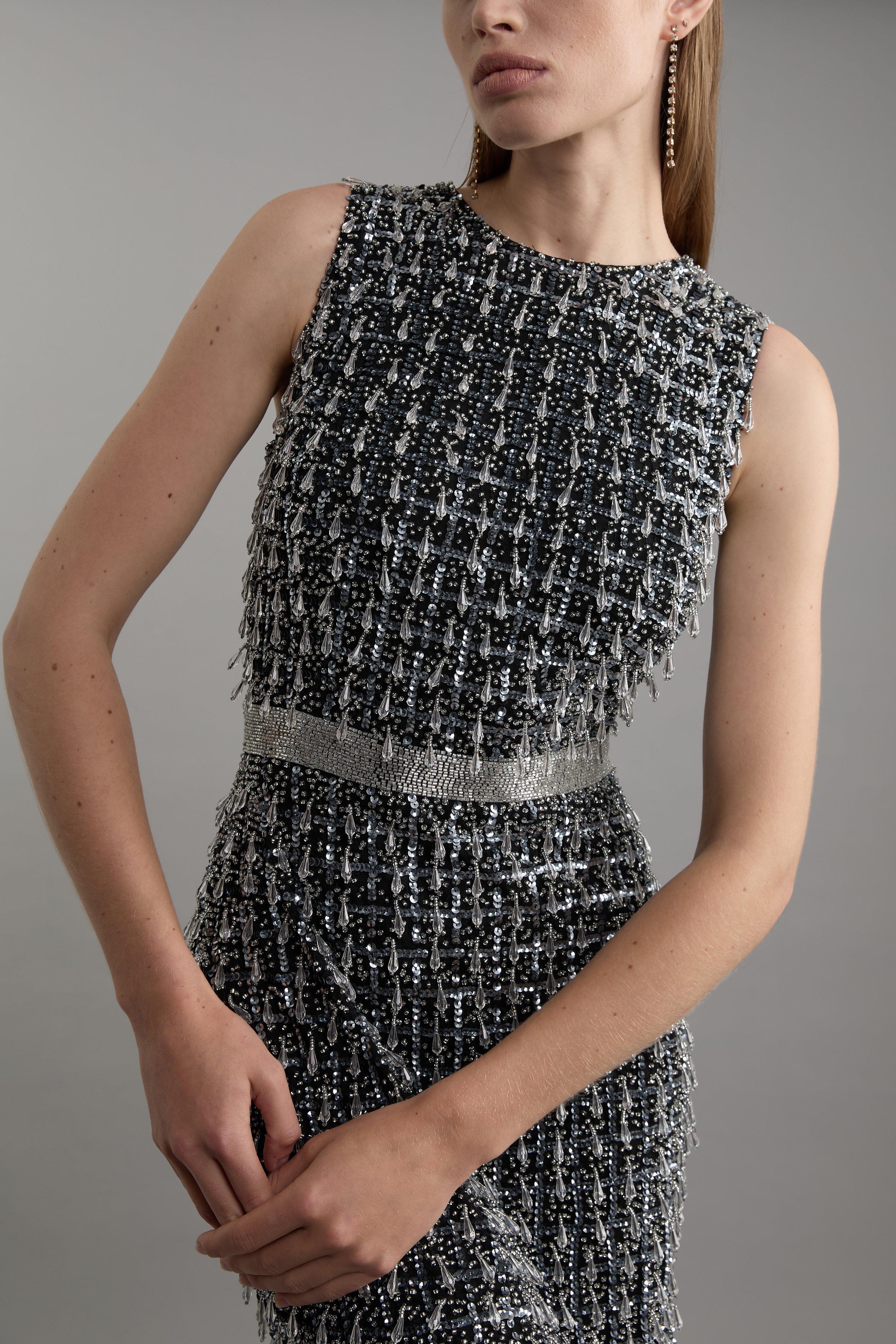 Embellished Woven Midi Dress - Grey