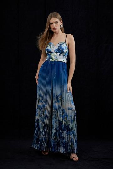 Multi Tall Scattered Floral Print Pleated Strappy Jumpsuit
