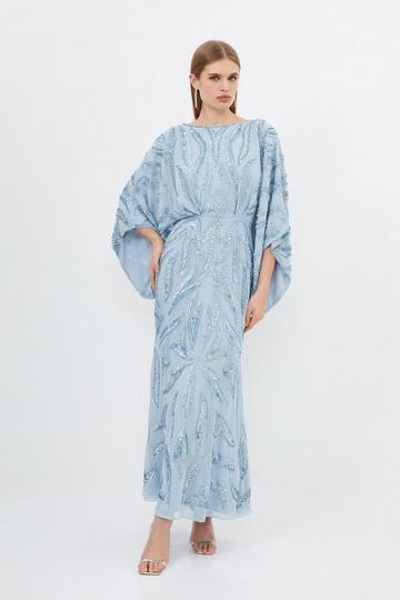 Blue Embellished Woven Maxi Dress