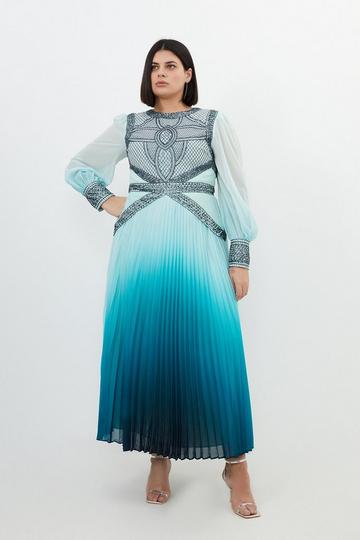 Blue Plus Size Ombre Embroidery Woven Maxi Dress