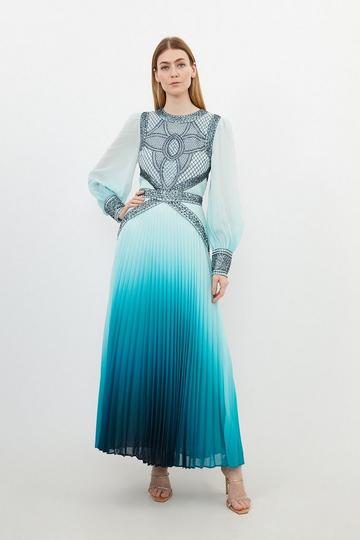 Blue Petite Ombre Embroidery Woven Maxi Dress