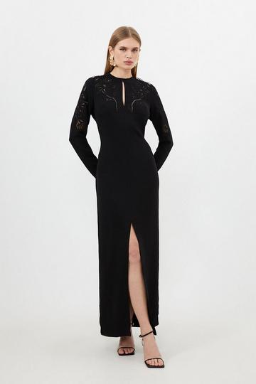 Premium Cady Cutwork Long Sleeve Woven Maxi Dress black