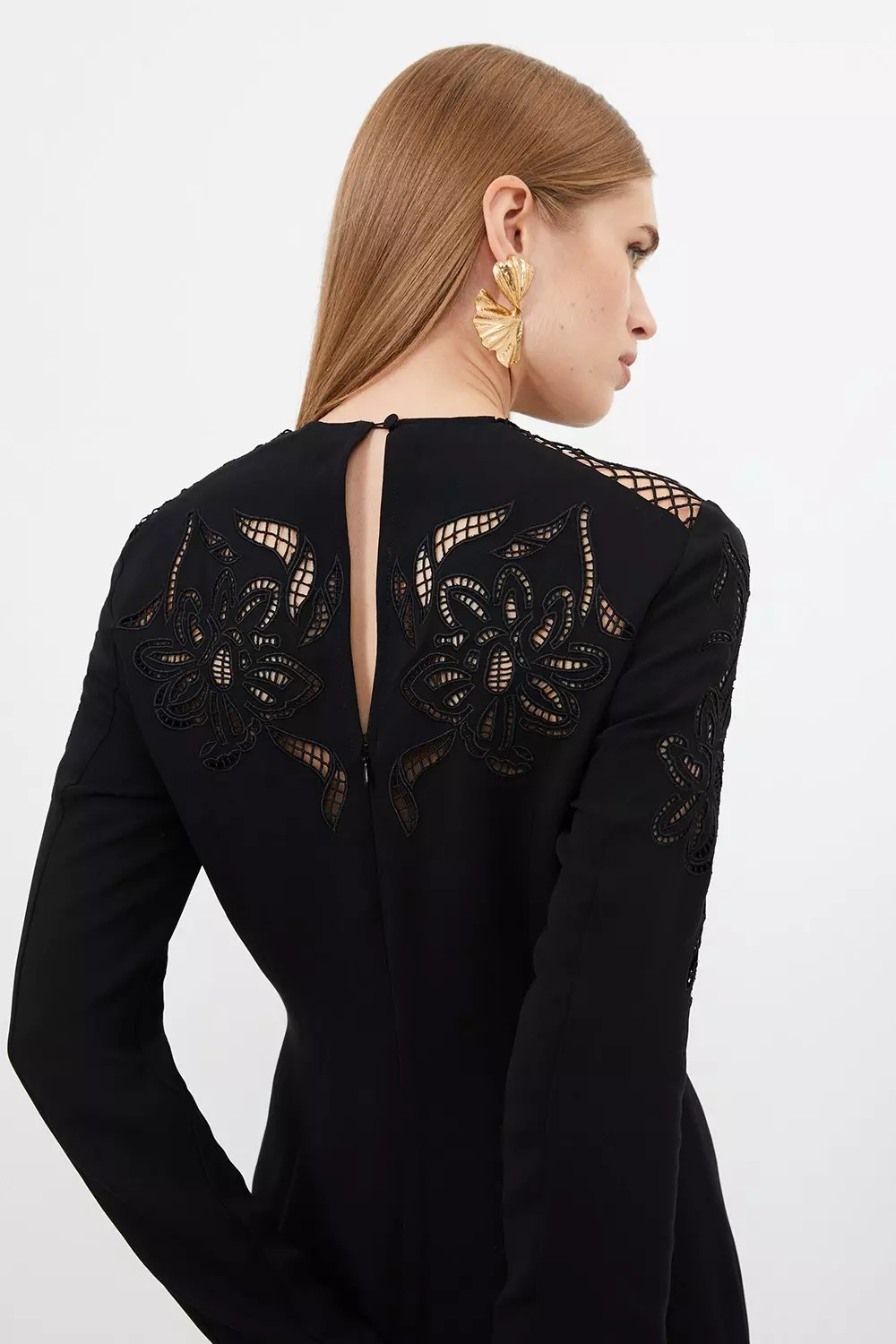 Premium Cady Cutwork Long Sleeve Woven Maxi Dress | Karen Millen