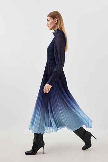 Long Sleeve Ombre Guipure Lace Maxi Dress blue