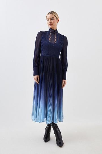 Blue Petite Long Sleeve Ombre Guipure Lace Maxi Dress